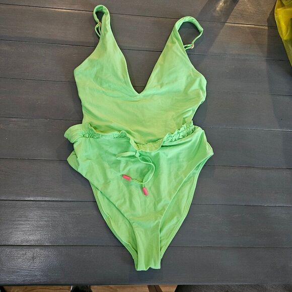 Red Carter Women's Lime Green Ruffle Cutout Side One Piece Swimsuit - Picture 4 of 11